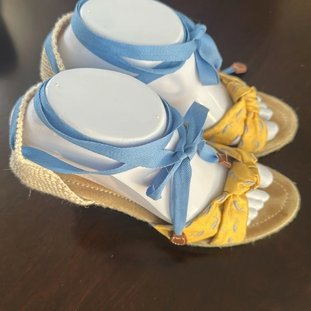J. Crew Womens Marianne Espadrilles Tie Wedges Yellow Light Blue Spa Whales Sz 8